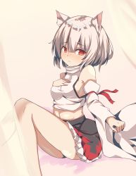 Rule 34 | 1girl, animal ear fluff, animal ears, bare shoulders, black skirt, closed mouth, detached sleeves, highres, inubashiri momiji, looking at viewer, miniskirt, navel, no headwear, red eyes, shirt, short hair, skirt, solo, thighs, touhou, vel0x s, white hair, white shirt, white sleeves, wolf ears, wolf girl