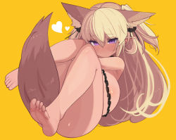 Rule 34 | 1girl, animal ears, barefoot, blonde hair, blush, breasts, chain, dark elf, dark elven forest ranger, elf, extra ears, feet, fox ears, fox tail, full body, heart, highres, huge breasts, last origin, legs, long hair, looking at viewer, nude, pointy ears, purple eyes, rose neru, simple background, solo, tail, twintails, two side up, yellow background