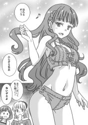 Rule 34 | 3girls, :d, arm at side, bikini, blunt bangs, bob cut, braid, breasts, cleavage, commentary request, covering own mouth, cross-laced bikini, cross-laced clothes, denim bikini, eighth note, front-tie bikini top, front-tie top, greyscale, hairband, hand over own mouth, hand up, heanna sumire, long hair, looking at viewer, love live!, love live! superstar!!, marugoshi teppei, medium breasts, monochrome, multiple girls, musical note, navel, off-shoulder shirt, off shoulder, open mouth, shirt, short hair, side braid, sleeveless, sleeveless shirt, smile, solid oval eyes, solo focus, speech bubble, sweatdrop, swimsuit, tang keke, translation request, v-shaped eyebrows, wavy hair, wien margarete