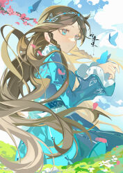 Rule 34 | 1girl, absurdres, artist request, blue dress, blue eyes, braid, branch, brown hair, bug, butterfly, closed mouth, douluo dalu, dress, floating hair, frilled sash, from side, highres, insect, long hair, long sleeves, ning rongrong (douluo dalu), sash, second-party source, sky, smile, solo, tiara, twin braids, upper body