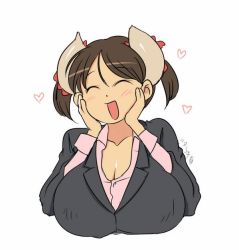 Rule 34 | 1girl, blush, breasts, brown hair, closed eyes, cow girl, happy, hataraki ari, heart, horns, huge breasts, open mouth, original, short hair, short twintails, simple background, smile, solo, sukimi, twintails, upper body, white background