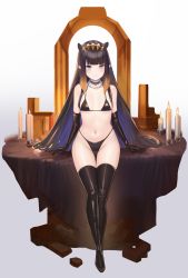 Rule 34 | 1girl, bad id, bad pixiv id, bare shoulders, black footwear, black gloves, black hair, black thighhighs, boots, breasts, brown hair, candle, cleavage, dolphenry, elbow gloves, full body, gloves, gradient hair, highres, hololive, hololive english, multicolored hair, navel, ninomae ina&#039;nis, small breasts, solo, thigh boots, thighhighs, thighs, virtual youtuber
