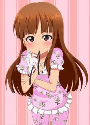 Rule 34 | 1girl, alternate hairstyle, black ribbon, blunt bangs, blush, brown eyes, brown hair, commentary request, cowboy shot, crossed arms, floral print, frilled shirt, frills, himawari (sunflower7373), holding, holding stuffed toy, idolmaster, idolmaster (classic), long hair, looking at viewer, minase iori, mouth hold, pajamas, pants, pink pants, pink shirt, print pants, print shirt, puffy short sleeves, puffy sleeves, ribbon, shirt, short sleeves, solo, standing, striped, striped background, stuffed animal, stuffed rabbit, stuffed toy, sweatdrop, two-tone background, vertical stripes