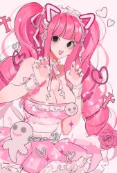 Rule 34 | 1girl, bare shoulders, black eyes, blunt bangs, braid, cross, detached collar, dress, drill hair, eyelashes, flower, frilled dress, frills, ghost, heart, joman, long hair, looking at viewer, maid headdress, one piece, open mouth, perona, pink background, pink flower, pink hair, pink nails, pink rose, rose, short dress, sidelocks, simple background, smile, solo, star (symbol), strapless, strapless dress, twintails, upper body, waist ribbon, white wrist cuffs, wrist cuffs