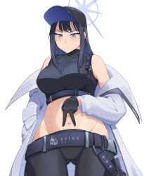 Rule 34 | 1girl, absurdres, bare shoulders, baseball cap, belt, black belt, black gloves, black hair, black hat, black pants, black shirt, blue archive, blue eyes, blunt bangs, blush, breasts, buckle, chest harness, closed mouth, coat, commentary, covered collarbone, cowboy shot, crop top, gloves, gluteal fold, groin, halo, hand in pocket, harness, hat, highres, knife, knife sheath, large breasts, long hair, looking at viewer, midriff, navel, nikun (sisee456), no mask, pants, saori (blue archive), sheath, shirt, simple background, sleeveless, sleeveless shirt, snap-fit buckle, solo, spread navel, standing, sweat, underbust, white background, white coat