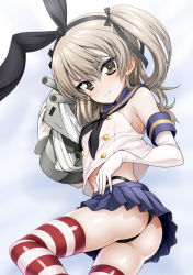Rule 34 | 10s, 1girl, cosplay, crossover, elbow gloves, flat chest, girls und panzer, gloves, grey eyes, grey hair, isse, kantai collection, looking at viewer, miniskirt, pleated skirt, rensouhou-chan, sailor collar, shimada arisu, shimakaze (kancolle), shimakaze (kancolle) (cosplay), skirt, smjim1986, solo, striped clothes, striped thighhighs, thighhighs, thong