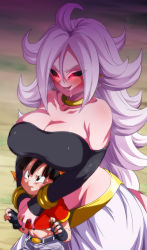 Rule 34 | 2girls, age difference, android 21, bare shoulders, belt, black belt, black eyes, black gloves, black hair, black sclera, bracelet, breast rest, breasts, breasts on head, choker, cleavage, collarbone, colored sclera, colored skin, dragon ball, dragon ball fighterz, dragon ball gt, female pervert, fingerless gloves, gloves, glowing, glowing eyes, height difference, jewelry, large breasts, long hair, majin android 21, midriff, multiple girls, navel, onee-loli, open mouth, pan (dragon ball), pervert, pink skin, red eyes, ring, rom (20), saliva, shaded face, short hair, smile, tail, white hair, yellow choker, yuri