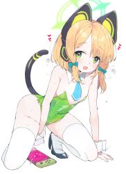 Rule 34 | 1girl, absurdres, all fours, animal ear headphones, animal ears, bare shoulders, black footwear, blonde hair, blue archive, blush, breasts, cat ear headphones, cat tail, covered navel, detached collar, fake animal ears, fake tail, green eyes, green halo, green leotard, halo, headphones, heart, heart-shaped pupils, high heels, highleg, highleg leotard, highres, legs apart, leotard, midori (blue archive), nintendo switch, open mouth, pussy juice, ribbon, shoes, short hair, small breasts, smile, solo, strapless, strapless leotard, symbol-shaped pupils, tail, teranekosu, thighhighs, thighs, white thighhighs, wrist cuffs