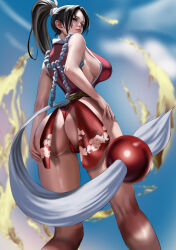 Rule 34 | 1girl, ass, breasts, fatal fury, fire, highres, large breasts, long hair, ponytail, shiranui mai, snk, solo, the king of fighters, thong