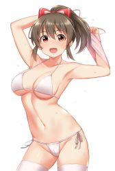 Rule 34 | 1girl, :d, armpits, bikini, bow, breasts, brown hair, collarbone, hair bow, highres, hori yuko, idolmaster, idolmaster cinderella girls, looking at viewer, medium breasts, navel, open mouth, ponytail, red bow, red eyes, short hair, simple background, smile, solo, swimsuit, thighhighs, tomajiyama, white background, white bikini, white thighhighs