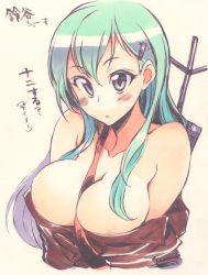 Rule 34 | 10s, 1girl, areola slip, bad id, bad pixiv id, bare shoulders, between breasts, blush, breasts, bursting breasts, clothes pull, colored eyelashes, green hair, hair ornament, hairclip, kantai collection, kusanagi tonbo, large breasts, long hair, looking at viewer, no bra, off shoulder, parted lips, personification, purple eyes, radio antenna, shirt, shirt pull, sidelocks, simple background, solo, strap between breasts, suzuya (kancolle), traditional media, translated, upper body, white background