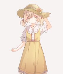 Rule 34 | 1girl, adjusting clothes, adjusting headwear, azusawa kohane, blush stickers, brown hat, brown ribbon, buttons, casual, dress, feet out of frame, flower, frilled shirt collar, frilled sleeves, frills, green ribbon, hair between eyes, hair ribbon, hat, hat flower, hat ornament, hat ribbon, highres, jewelry, light brown hair, looking at viewer, low twintails, multicolored clothes, multicolored dress, necklace, no nose, official alternate costume, parted lips, project sekai, ribbon, short hair, short sleeves, simple background, solo, straight-on, sun hat, tareme, the vivid old tale (project sekai), tsuchiyoko (hamu prsk), twintails, white background, white dress, white ribbon, yellow dress