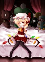 Rule 34 | 1girl, :&gt;, ascot, bed, black pantyhose, blonde hair, blush, bow, cocozasa, female focus, flandre scarlet, hair bow, hat, hat ribbon, highres, midriff, pantyhose, red eyes, ribbon, short hair, side ponytail, sitting, skirt, skirt set, smile, solo, touhou, wings, wrist cuffs