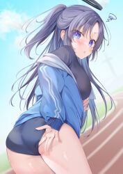 Rule 34 | 1girl, absurdres, adjusting buruma, adjusting clothes, ass, black buruma, black shirt, blue archive, blue jacket, blush, breasts, buruma, commentary request, from behind, gym uniform, halo, highres, jacket, kmr 7m, large breasts, long sleeves, looking at viewer, looking back, official alternate costume, outdoors, parted lips, ponytail, purple eyes, purple hair, running track, shirt, solo, squiggle, star (symbol), sticker on face, t-shirt, track jacket, yuuka (blue archive), yuuka (track) (blue archive)