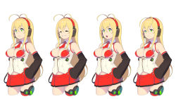 Rule 34 | 1girl, ^ ^, antenna hair, bare shoulders, blonde hair, breasts, character sheet, cleavage, closed eyes, detached sleeves, enkyo yuuichirou, frown, green eyes, grin, hands on own hips, headset, highres, long hair, miniskirt, multiple views, necktie, open mouth, red thighhighs, simple background, single thighhigh, skirt, smile, teeth, thighhighs, tsurumaki maki, voiceroid, white background