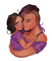 Rule 34 | 2girls, asymmetrical hair, bad id, bad pixiv id, bra strap, brown hair, carrying, carrying person, casual, child carry, closed eyes, dark-skinned female, dark skin, earrings, eyelashes, highres, jewelry, kiss, kissing cheek, kitty keihara, lipstick, makeup, mexico, mole, mole under eye, mother and daughter, multiple girls, one eye closed, overwatch, overwatch 1, purple eyes, purple lips, shirt, sidecut, sombra (overwatch), stud earrings, t-shirt, undercut
