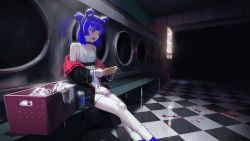 Rule 34 | 1girl, animal ears, bandage on knee, bandaged leg, bandages, bear ears, beer can, black choker, black jacket, blood, blood on clothes, blood on ground, blue bow, blue footwear, blue hair, bow, can, choker, clothes, commentary, controller, dark room, dress, drink can, english commentary, fang, feet out of frame, game controller, gris (vertigris), hair bow, highres, holding, holding controller, holding game controller, indoors, jacket, laundromat, laundry basket, long sleeves, off shoulder, open mouth, original, pink eyes, pink jacket, short hair, sleeveless, sleeveless dress, slit pupils, socks, solo, tile floor, tiles, two-sided fabric, two-sided jacket, vending machine, vertigris, washing machine, white dress, white socks