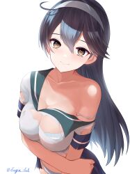Rule 34 | 1girl, absurdres, bare shoulders, black eyes, black hair, blush, bra, breasts, closed mouth, collarbone, dangan kurabu, hair between eyes, hair ornament, hashtag-only commentary, highres, kantai collection, large breasts, leotard, long hair, looking at viewer, panties, pleated skirt, school uniform, serafuku, simple background, skirt, smile, solo, torn clothes, torn leotard, underwear, upper body, ushio (kancolle), white background