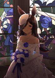 Rule 34 | 1girl, animal ears, bare shoulders, blue flower, blue rose, blush, bouquet, bridal veil, brown hair, collarbone, dress, esubui, flower, hair over one eye, hat over one eye, highres, horse ears, horse girl, jewelry, long hair, long sleeves, looking at viewer, necklace, off-shoulder dress, off shoulder, one eye covered, pearl necklace, purple eyes, rice shower (umamusume), rose, see-through, smile, solo, stained glass, umamusume, veil, wedding dress, white dress, white flower, white rose