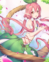 Rule 34 | 1girl, :d, amemiya ruki, backless dress, backless outfit, bare shoulders, blurry, blurry foreground, blush, breasts, brown eyes, commentary request, depth of field, dress, flower, from side, granblue fantasy, green dress, hair between eyes, hair flower, hair ornament, hands up, highres, leaf, long hair, looking at viewer, looking to the side, medium breasts, monster girl, open mouth, pink hair, plant girl, pleated dress, pointy ears, purple flower, purple rose, quad tails, rose, smile, solo, strapless, strapless dress, very long hair, white flower, yggdrasill (granblue fantasy)