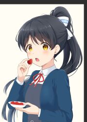 Rule 34 | 1girl, absurdres, black hair, blazer, blue jacket, blush, bow, collared shirt, dress, dress shirt, food, fruit, grey dress, hair bow, hands up, hazuki ren, high ponytail, highres, holding, holding food, holding plate, jacket, lone nape hair, long hair, long sleeves, looking at viewer, love live!, love live! superstar!!, neck ribbon, open clothes, open jacket, open mouth, plate, red ribbon, ribbon, school uniform, shirt, solo, strawberry, white background, white bow, white shirt, winter uniform, yellow eyes, yuigaoka school uniform, yutuki ame