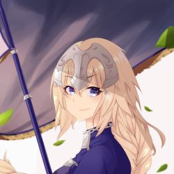 Rule 34 | 1girl, blonde hair, blue eyes, braid, commentary request, fate/grand order, fate (series), from side, highres, jeanne d&#039;arc (fate), jeanne d&#039;arc (ruler) (fate), kewcut99, long hair, looking at viewer, portrait, simple background, single braid, smile, solo, white background