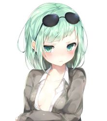 Rule 34 | 1girl, bad id, bad twitter id, blush, breasts, cardigan, collared shirt, eyewear on head, green eyes, green hair, highres, looking at viewer, niito, original, pout, shirt, simple background, small breasts, solo, sunglasses, unbuttoned, unbuttoned shirt, upper body, white background, white shirt