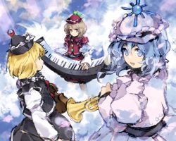 Rule 34 | 3girls, black headwear, blonde hair, blue background, blue eyes, blue hair, brown eyes, brown hair, crescent, crescent hat ornament, dress, hat, hat ornament, highres, holding, holding instrument, holding violin, instrument, juliet sleeves, kaigen 1025, keyboard (instrument), long sleeves, looking at viewer, lunasa prismriver, lyrica prismriver, merlin prismriver, multiple girls, open mouth, pink dress, pink headwear, puffy sleeves, red headwear, shirt, short hair, siblings, sisters, smile, star (symbol), star hat ornament, touhou, trumpet, violin, white shirt, yellow eyes