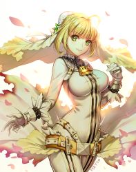 Rule 34 | 10s, 1girl, ahoge, artist name, belt, blonde hair, blush, bodysuit, breasts, chain, closed mouth, cowboy shot, fate/extra, fate/extra ccc, fate (series), flower, gloves, green eyes, large breasts, legs together, lips, lock, looking at viewer, metto, nero claudius (bride) (fate), nero claudius (fate), nero claudius (fate), padlock, petals, skin tight, smile, solo, veil, waist cape, white bodysuit, zipper