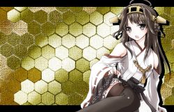 Rule 34 | 10s, 1girl, ahoge, bare shoulders, blush, brown hair, detached sleeves, double bun, hair ornament, hairband, hex grid, honeycomb background, honeycomb pattern, irusu, japanese clothes, kantai collection, kongou (kancolle), long hair, personification, skirt, smile, solo, thighhighs