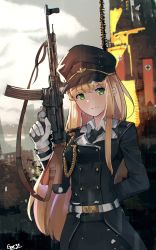 Rule 34 | 1girl, absurdres, arm behind back, assault rifle, black hat, black jacket, black necktie, black skirt, blonde hair, breasts, building, closed mouth, collared shirt, commentary, cross, gar32, girls&#039; frontline, gloves, green eyes, gun, hat, highres, holding, holding gun, holding weapon, iron cross, jacket, long hair, long sleeves, looking at viewer, military hat, military jacket, name connection, necktie, object namesake, outdoors, peaked cap, rifle, shirt, signature, skirt, small breasts, solo, standing, stg44, stg44 (girls&#039; frontline), very long hair, weapon, white gloves, white shirt