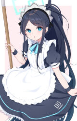 Rule 34 | 1girl, absurdres, apron, aris (blue archive), aris (maid) (blue archive), black dress, black hair, blue archive, blue eyes, blue ribbon, brown background, collared dress, commentary request, dress, frilled apron, frills, halo, highres, holding, long hair, looking at viewer, maid, maid apron, neck ribbon, parted bangs, parted lips, ponytail, puffy short sleeves, puffy sleeves, ribbon, short sleeves, solo, swon (joy200892), two-tone background, very long hair, white apron, white background
