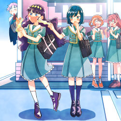 Rule 34 | 1boy, 4girls, bag, black footwear, black hair, blue footwear, blue hair, blue jacket, blue skirt, blue socks, blunt bangs, bob cut, braid, brown hair, carrying, clenched hands, commentary, day, delicious party precure, food, frown, fuwa kokone, green eyes, hair ornament, hair ribbon, hair rings, hairclip, hanamichi ran, hand to own mouth, high-waist skirt, highres, holding, holding food, holding popsicle, jacket, kasai amane, loafers, long hair, looking at another, medium hair, medium skirt, multiple girls, nagomi yui, no socks, open mouth, outdoors, popsicle, precure, puffy short sleeves, puffy sleeves, purple hair, red footwear, ribbon, rosemary (precure), sailor collar, school bag, school uniform, shinsen middle school uniform, shoes, short hair, short sleeves, skirt, sneakers, socks, standing, standing on one leg, ton (ton39342104), twin braids, two side up, v-shaped eyebrows, watermelon bar, white sailor collar, white socks