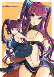 Rule 34 | 1girl, bare shoulders, blue dress, blue eyes, blue footwear, blunt bangs, blush, border, breasts, cantabile, china dress, chinese clothes, cleavage, closed mouth, clothes pull, detached sleeves, double bun, dress, dress pull, fate/grand order, fate (series), hair bun, hair ornament, hand in own hair, high heels, large breasts, legs, long hair, looking at viewer, multiple views, open mouth, orange background, purple hair, short dress, sideboob, sidelocks, smile, twintails, very long hair, watermark, web address, white border, yang guifei (fate), yang guifei (first ascension) (fate), yang guifei (second ascension) (fate)