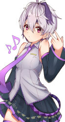 Rule 34 | 1girl, absurdres, adapted costume, bare shoulders, belt, black skirt, black sleeves, breasts, commentary, cosplay, cowboy shot, detached sleeves, eighth note, expressionless, flower, flower (vocaloid), flower (vocaloid4), grey shirt, hand up, hatsune miku, hatsune miku (cosplay), highres, looking at viewer, miniskirt, multicolored hair, musical note, nail polish, necktie, ore-artstudio, pleated skirt, purple eyes, purple hair, purple nails, purple necktie, shirt, short hair, skindentation, skirt, sleeveless, sleeveless shirt, small breasts, solo, standing, streaked hair, thighhighs, vocaloid, w, white background, white hair, zettai ryouiki