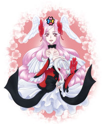Rule 34 | 00s, 1girl, adapted costume, angel wings, black neckwear, bow, choker, cure passion, dress, fresh precure!, hair ornament, harp, head wings, higashi setsuna, instrument, jewelry, lipstick, long hair, magical girl, makeup, nashe taneru, open mouth, pink hair, precure, red eyes, ribbon, smile, solo, tiara, waist bow, wings