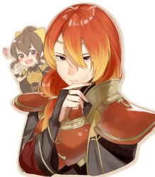 Rule 34 | 1boy, 1girl, armor, bad id, bad twitter id, bracelet, breastplate, bridal gauntlets, brother and sister, brown eyes, brown hair, closed mouth, delthea (fire emblem), fire emblem, fire emblem echoes: shadows of valentia, haru (nakajou-28), highres, jewelry, long hair, low ponytail, luthier (fire emblem), nintendo, open mouth, orange hair, ponytail, siblings, simple background, white background