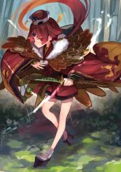 Rule 34 | 1girl, absurdres, armor, benienma (fate), blunt bangs, cape, closed mouth, commentary request, eyes visible through hair, fate/grand order, fate (series), feather trim, forest, full body, fur-trimmed cape, fur trim, hat, highres, holding, holding sheath, japanese armor, japanese clothes, katana, kimono, kote, long sleeves, looking at viewer, low ponytail, nature, obi, outdoors, rahanachi, red eyes, red hair, red kimono, sandals, sash, sheath, sheathed, short kimono, standing, sword, tabi, weapon, wide sleeves, zouri