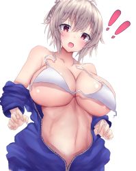 Rule 34 | !, !!, 1girl, bikini, bikini top only, breasts, cleavage, embarrassed, highres, large breasts, looking at viewer, looking down, navel, open mouth, original, red eyes, short hair, silver hair, simple background, solo, swimsuit, tears, underboob, white background, white bikini, yuuki shuri