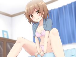 Rule 34 | 1girl, artist name, bedroom, blue shirt, blurry, blurry background, blush, bow, bow panties, bra, breasts, brown eyes, brown hair, closed mouth, collared shirt, depth of field, hair ornament, hairclip, highres, indoors, lace, lace-trimmed bra, lace trim, leaning forward, looking at viewer, medium breasts, no pants, open clothes, open shirt, original, panties, pink bra, pink panties, shiraha maru, shirone (shiraha maru), shirt, short hair, sitting, smile, solo, underwear, v arms