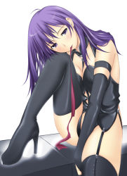 Rule 34 | 00s, 1girl, bdsm, boots, fate/stay night, fate (series), high heels, latex, leather, matou sakura, mouth hold, necktie, purple eyes, purple hair, ribbon, ribbon in mouth, ribucci, shoes, solo, thighhighs