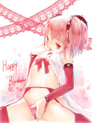 Rule 34 | 10s, 1girl, bad id, bad pixiv id, bow, bracelet, finger in own mouth, garter straps, hair bow, hair ribbon, happy birthday, hatoyama itsuru, jewelry, kaname madoka, mahou shoujo madoka magica, mahou shoujo madoka magica (anime), navel, pink eyes, pink hair, ribbon, short hair, short twintails, solo, spiked bracelet, spikes, twintails