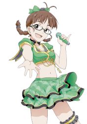 Rule 34 | 10s, :d, akizuki ritsuko, bow, braid, brown eyes, brown hair, glasses, hair bow, hair ornament, idolmaster, idolmaster (classic), idolmaster cinderella girls, microphone, midriff, monsterx, navel, open mouth, outstretched hand, skirt, smile, transparent background, twin braids