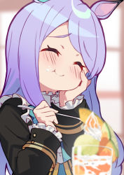 Rule 34 | 1girl, :t, ^ ^, absurdres, animal ears, black jacket, blue bow, blurry, blurry background, blurry foreground, blush, bow, closed eyes, closed mouth, commentary request, cup, depth of field, drinking glass, food, food on face, frilled sleeves, frills, hand on own face, highres, holding, holding spoon, horse ears, jacket, kimi tsuru, long hair, long sleeves, mejiro mcqueen (umamusume), purple hair, solo, spoon, swept bangs, umamusume, upper body