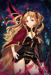 Rule 34 | 1girl, artist request, asymmetrical sleeves, birdcage, black dress, blonde hair, breasts, cage, cape, dress, earrings, ereshkigal (fate), fate/grand order, fate (series), gold trim, hand on own hip, hoop earrings, infinity symbol, jewelry, long hair, looking at viewer, medium breasts, meslamtaea (weapon), multicolored cape, multicolored clothes, parted bangs, parted lips, polearm, short dress, single sleeve, skull, spear, spine, thighs, tiara, two side up, uneven sleeves, weapon, yellow cape