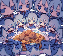 Rule 34 | 6+girls, absurdres, blue bow, blue dress, blue eyes, blue hair, bow, cirno, clone, dress, fairy, food, fumo (doll), hair between eyes, hair bow, highres, ice, ice wings, kame (kamepan44231), meatball, multiple girls, pasta, plate, shirt, short hair, short sleeves, simple background, spaghetti, surrounded, touhou, white background, white shirt, wings
