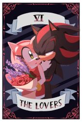 Rule 34 | 1boy, 1girl, amy rose, animal ears, blush, border, bouquet, dress, flower, furry, furry female, furry male, green eyes, highres, holding, holding bouquet, kumo zd, lavender (flower), looking at another, outside border, red dress, red eyes, red flower, red rose, rose, shadow the hedgehog, sleeveless, sleeveless dress, sonic (series), tarot, tarot (medium), the lovers (tarot), white border