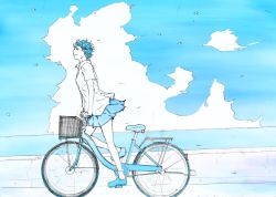 Rule 34 | 1girl, bicycle, bicycle basket, blue footwear, blue sky, blue theme, closed mouth, cloud, collared shirt, commentary request, from side, full body, highres, monochrome, ocean, original, pleated skirt, riding, riding bicycle, shirt, shoes, short hair, short sleeves, skirt, sky, smile, solo, white shirt, wing collar, yokotakumi