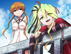 Rule 34 | 2girls, against railing, akaimato, bird, blonde hair, blue sky, braid, breasts, brooch, capelet, clothing cutout, cloud, deathpolca, demonsroots, dress, fingerless gloves, gem, gloves, hair ribbon, jewelry, large breasts, lily killer, medium breasts, multiple girls, navel cutout, no pupils, outdoors, railing, red hair, ribbon, sky, smile, twin braids, twintails, underboob, yellow eyes