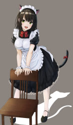Rule 34 | 1girl, absurdres, animal ears, anno masato, apron, black footwear, black hair, bow, bowtie, breasts, cat ears, cat tail, chair, commentary request, green eyes, highres, large breasts, looking at viewer, maid, maid apron, maid day, maid headdress, open mouth, original, red neckwear, scrunchie, shadow, tail, tail bow, tail ornament, white legwear, wrist scrunchie